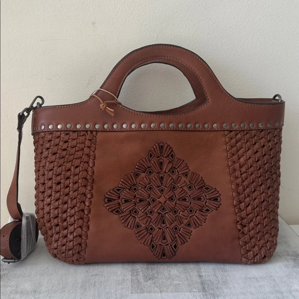Made in India Woven Brown Leather Med Handbag Crossbody Metal Studs Unique